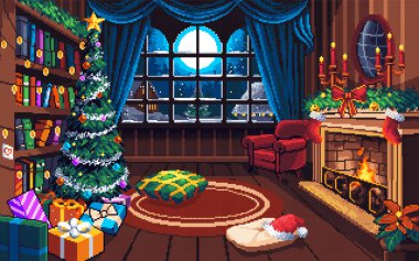 Noel arkaplanının pikselli sanat çizimi. Pikselleştirilmiş Noel. Christmas House Home Background piksel resim oyunu için piksel, web sitesi ve video oyunu için ikon olarak belirlendi. Eski okul retro.