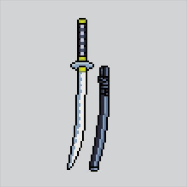 Resim çizimi Katana. Pikselleştirilmiş Katana. Japon Katana Kılıç simgesi piksel resim oyunu ve web sitesi ve video oyunu simgesi için pixelated. Eski okul retro.