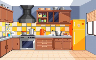 Piksel Resim Mutfak Arkaplanı. Pixelated Kitchen. Piksel resim oyunu için mutfak arkaplanı piksellendi ve web sitesi ve video oyunu için simge oluşturuldu. Eski okul retro.