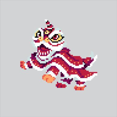Piksel Sanat Çizimi Aslan Dansı. Pikselleştirilmiş Ay Aslanı. Lunar Lion Dance simgesi piksel resim oyunu için, web sitesi ve video oyunu için ikon simgesi. Eski okul retro.