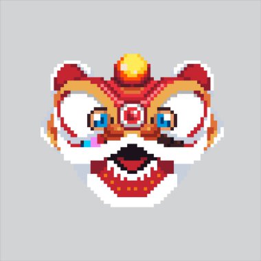 Piksel Sanat Çizimi Aslan Dansı. Pikselleştirilmiş Ay Aslanı. Lunar Lion Dance simgesi piksel resim oyunu için, web sitesi ve video oyunu için ikon simgesi. Eski okul retro.