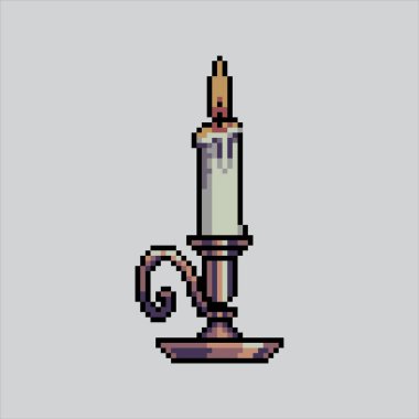 Pixel Sanat Çizim Mumları. Pikselleştirilmiş Klasik Mum. Piksel sanat oyunu için klasik Ortaçağ Candle pikseli ve web sitesi ve video oyunu için ikon. Eski okul retro.