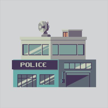 Piksel Sanat Çizimi Polis Ofisi. Pikselleştirilmiş polis. Polis Ofisi binası piksel resim oyunu için piksel, web sitesi ve video oyunu için de simge oluşturdu. Eski okul retro.