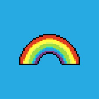 Resim çizimi Gökkuşağı. Pikselleşmiş Gökkuşağı. Renkli Gökkuşağı pikseli resim oyunu ve web sitesi ve video oyunu simgesi için renklendirildi. Eski okul retro.