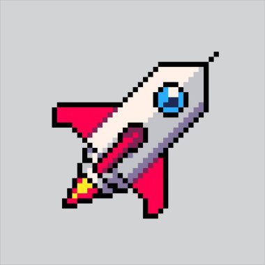 Piksel Sanat Roketi. Pikselleştirilmiş Roket. Space Rocket Plane piksel resim oyunu için piksel, web sitesi ve video oyunu için ikon olarak ayarlandı. Eski okul retro.