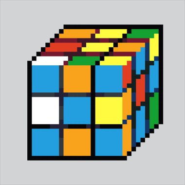 Piksel Sanat Çizimi Rubick. Pikselleştirilmiş Rubick. Rubick yapboz oyuncakları piksel resim oyunu için piksellenmiş web sitesi ve video oyunu için ikon. Eski okul retro.