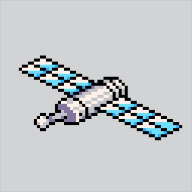 Piksel resim çizimi uzay uydusu. Pikselleştirilmiş uydu. Uzay Uydu simgesi piksel resim oyunu için pikselleştirildi ve web sitesi ve video oyunu için simge oluşturuldu. Eski okul retro.