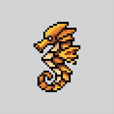 Pixel Sanat Çizimi Denizatı. Pixelated Deniz Atı. Okyanus Denizatı simgesi piksel resim oyunu için piksel resim ve web sitesi ve video oyunu için simge oluşturuldu. Eski okul retro.