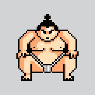 Piksel Sanat Çizimi Sumo. Pikselleştirilmiş Sumo Adam. Japon Sumo Guy simgesi piksel resim oyunu ve web sitesi ve video oyunu simgesi için piksellendi. Eski okul retro.