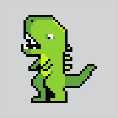 Piksel sanat çizimi Tyrannosaurus. Pikselleştirilmiş T-rex. Tyrannosaurus T-rex Dinozor piksel resim oyunu için piksellendi ve web sitesi ve video oyunu için simge oluşturuldu. Eski okul retro.