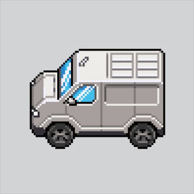 Piksel sanat çizimi Van. Pikselleştirilmiş minibüs. Van Aracı piksel resim oyunu için pikselleştirildi ve web sitesi ve video oyunu için simge oluşturuldu. Eski okul retro.