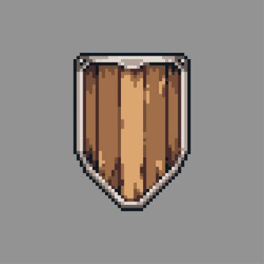 Piksel resim çizim kalkanı. Pikselleştirilmiş ahşap kalkan. Ahşap stili kalkandicon piksel resim oyunu ve web sitesi ve video oyunu simgesi için renklendirildi. Eski okul retro.