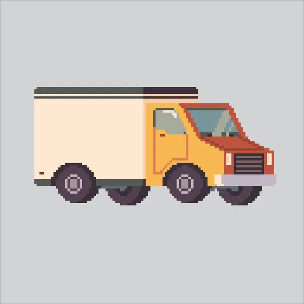 Pikselli resim çizim kamyonu. Pikselleştirilmiş Lojistik Kamyon. Kutu Kamyonu Lojistik Teslimatı piksel resim oyunu ve web sitesi ve video oyunu simgesi için pikselleştirildi. Eski okul retro.