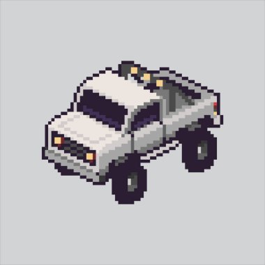 Pixel sanat çizimi off-road Car. Pikselleştirilmiş araba kamyonu. Off-road Car Truck Icon piksel resim oyunu için piksellendi ve web sitesi ve video oyunu için simge oluşturuldu. Eski okul retro.