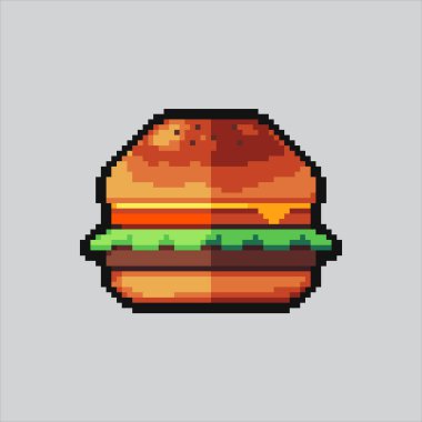 Piksel Sanat Çizimi Hamburger. Pixelated Biftek Burger. Hamburger Burger Sandviç Simgesi piksel resim oyunu için piksellendi ve web sitesi ve video oyunu için simge oluşturuldu. Eski okul retro.