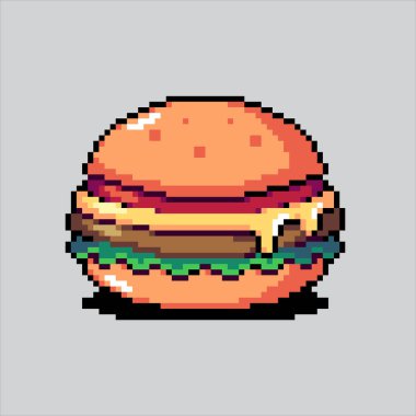 Piksel Sanat Çizimi Hamburger. Pixelated Biftek Burger. Hamburger Burger Sandviç Simgesi piksel resim oyunu için piksellendi ve web sitesi ve video oyunu için simge oluşturuldu. Eski okul retro.