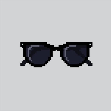 Piksel resim çizimi: Koyu Gözlük. Pikselleşmiş koyu renk göz giysisi. Piksel resim oyunu için koyu siyah gözlüklü göz giyimi simgesi web sitesi ve video oyunu için ikon. Eski okul retro.