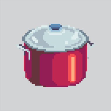 Pixel Sanat Çizimi Mutfak Tavası. Pixelated Chef Pot. Mutfak Şefi Pan veya Pot Simgesi piksel resim oyunu ve web sitesi ve video oyunu simgesi için renklendirildi. Eski okul retro.