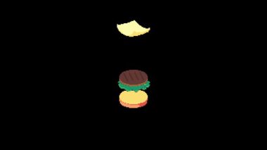 Piksel Sanat Çizimi Burger Animasyonu. Pikselleştirilmiş Yüzen Hamburger. Burger Hamburger Animasyon Yüzen Yemek Simgesi piksel resim oyunu için piksellendi ve web sitesi ve video oyunu için simge oluşturuldu. Eski okul retro.