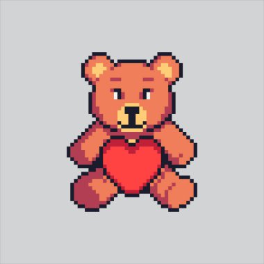 Pixel Sanat Çizimi Oyuncak Ayı. Pikselleştirilmiş Şirin Ayı. Piksel resim oyunu için kalp simgesi, web sitesi ve video oyunu için ikon olan sevimli oyuncak ayı. Eski okul retro.