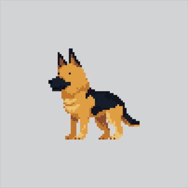 Piksel sanat illüstrasyonu Alman kurdu. Pikselleştirilmiş çoban köpeği. Almanca çoban köpeği simgesi piksel resim oyunu için piksel, web sitesi ve video oyunu için ikon oluşturuldu. Eski okul retro.