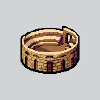Piksel Sanat Çizimi Gladyatör Kolezyumu. Pixelated Coliseum Landmark. Roman Gladyatör Colosseum Landmark Simgesi piksel resim oyunu için piksellendi ve web sitesi ve video oyunu için simge oluşturuldu. Eski okul retro.