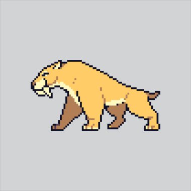 Piksel Sanat Çizimi Kılıç Diş. Pixelated Sabretooth Tiger. İlkel Vahşi Kılıç dişli Kaplan silahı piksel sanatı oyunu için ikon web sitesi ve video oyunu için ikon. Eski okul retro.