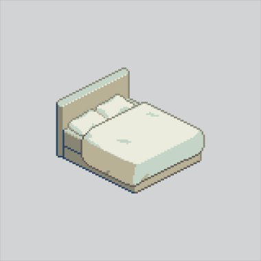 Pikselli resim çizimi, rahat yatak. Pixelated Yatak Mobilyası. Konfor Bed Mobilya Simgesi piksel resim oyunu için piksellendi ve web sitesi ve video oyunu için simge oluşturuldu. Eski okul retro.