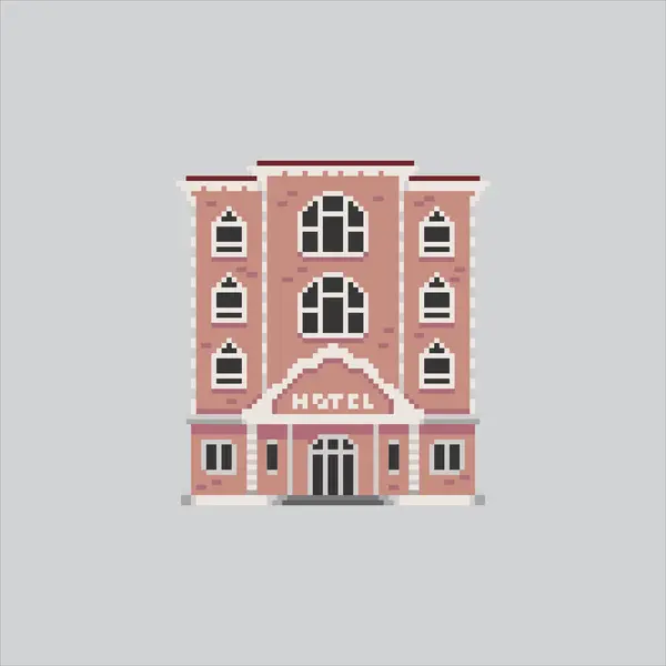 Piksel Resim Oteli Binası. Pikselli Seyahat Oteli. Otel Binası Seyahat Tatil Simgesi piksel resim oyunu için piksellendi ve web sitesi ve video oyunu için simge oluşturuldu. Eski okul retro.