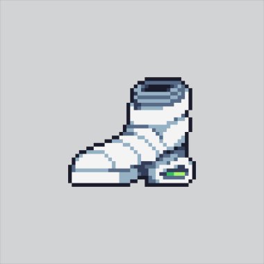 Piksel Sanat Çizimi Futuristik Ayakkabılar. Pikselleştirilmiş fütüristik çizmeler. Piksel resim oyunu için fütüristik ayakkabı çizmeleri simgesi, web sitesi ve video oyunu için simge simgesi. Eski okul retro.