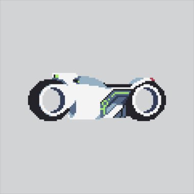Piksel Sanat Çizimi Futuristik Motosiklet. Pixelated Cyberpunk Motorsiklet. Gelecekçi Siberpunk Motosiklet Simgesi piksel resim oyunu için piksellendi ve web sitesi ve video oyunu için simge oluşturuldu. Eski okul retro.