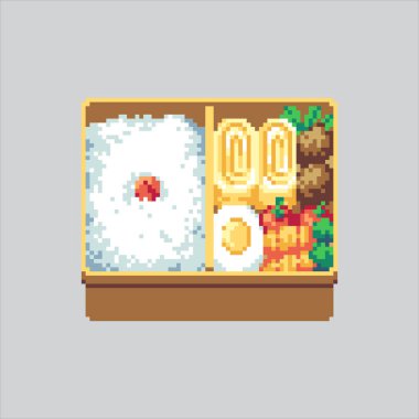 Piksel resim çizimi Japon Bento Kutusu. Pixelated Bento Kutu Seti. Japonca Bento Kutusu Set Simgesi piksel resim oyunu ve web sitesi ve video oyunu simgesi için renklendirildi. Eski okul retro.