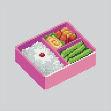 Piksel resim çizimi Japon Bento Kutusu. Pixelated Bento Kutu Seti. Japonca Bento Kutusu Set Simgesi piksel resim oyunu ve web sitesi ve video oyunu simgesi için renklendirildi. Eski okul retro.