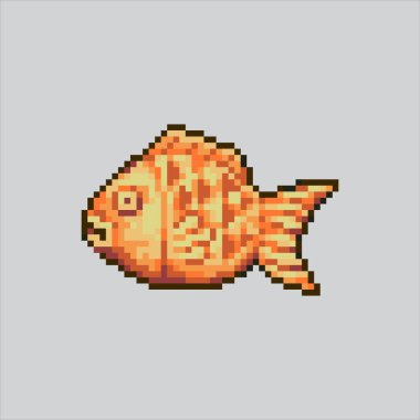 Japon Taiyaki 'nin pikselli sanat çizimi. Pikselleştirilmiş balık keki. Japonca Taiyaki Balık Keki Set Simgesi piksel resim oyunu ve web sitesi ve video oyunu simgesi için renklendirildi. Eski okul retro.