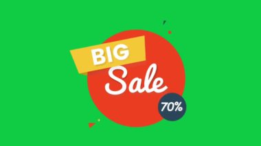 Büyük indirim yeşil ekranda% 70 animasyon logosu, promosyonlar için büyük indirim etiketi, e-ticaret, perakende, alışveriş videoları, tasfiye satışları