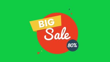 Büyük indirim yeşil ekran üzerinde% 80 animasyon logosu, promosyonlar için büyük indirim etiketi, e-ticaret, perakende, alışveriş videoları, büyük indirim satışları