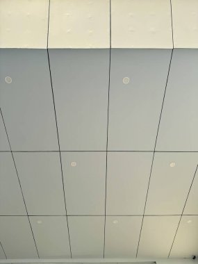 Resim, dikdörtgen panellerle asılmış bir tavanı gösteriyor. Küçük, tenha aydınlatma armatürleri görünür. Temiz, modern iç tasarım elementi.