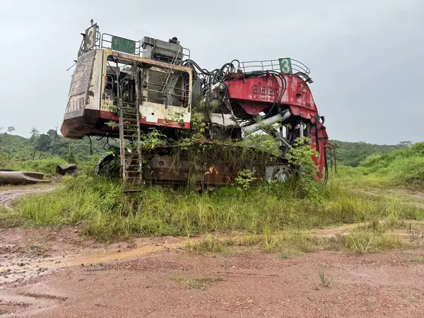Aşırı gelişmiş makineler tropikal bir arazide terk edilmiş vaziyette duruyor. Paslanan metal, canlı yeşil bitki örtüsüyle çelişiyor. Endüstriyel bozulma ve doğanın ıslah edilme sahnesini resmediyor..