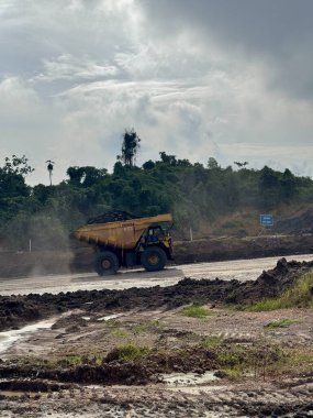 Büyük bir maden kamyonu, endüstriyel toprak taşıma operasyonlarını ve çevresel etkileri gösteren yemyeşil bir ormanın yakınındaki bulutlu bir gökyüzü altında çamurlu bir arazide kömür taşıyor..