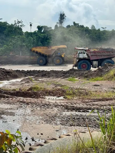 Güçlü maden damperli kamyonlar, verimli yeşil bitki örtüsünün yakınındaki engebeli bir arazide doğal ortamdaki endüstriyel ağır makineleri gösteren bulutlu bir gökyüzünün altında maden cevheri taşıyorlar..