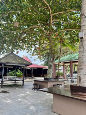 Gölgeli ağaçları olan sakin tropikal avlu yemyeşil yemyeşil açık hava yemek alanlarını rahatlamak ve günlük yemekler için mükemmel davet ediyor.