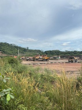 Ağır madencilik ekipmanları gri bir gökyüzünün altındaki yemyeşil bir arazinin yakınında bulunuyor. Doğa ve endüstrinin yan yana gelmesi ilgi çekici bir görsel yaratıyor..