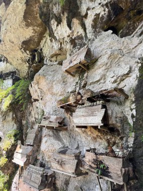 Uçurumun kenarına yerleştirilmiş antik tahta tabutlar, kültürel tarih ve geleneğe büyüleyici bir bakış.