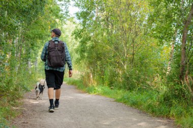 Siyah ve bronz bir Japon Shiba Inu cinsi ile parkta yürüyen bir adam, bir insan ve köpek dostluğu, Finlandiya, Avrupa 'da parkta sahiple yürüyen bir hayvan.