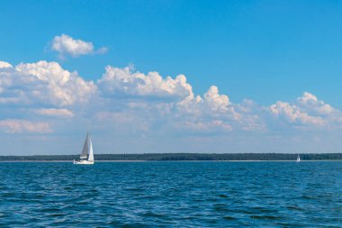 Yat, baş altında beyaz yelkenli Genova ve ana yelkenliler kıyıya yakın sakin bir denizde yelken açıyorlar. Gezi, tatil, yelkenli yarışı, spor. Finlandiya Körfezi. Pankart