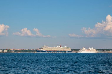 Finlandiya Körfezi, Estonya, 30 Haziran 2024 - Tallinn feribotlu feribot limanı güneşli havalarda Tallinn şehrinin arka planında