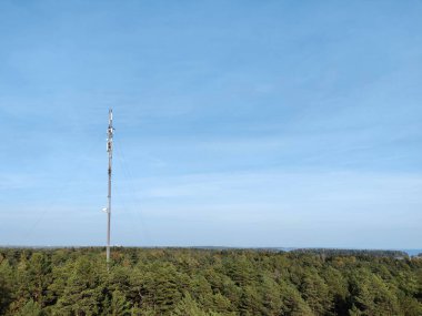 Espoo, Finlandiya, 24 Eylül 2024 - Çam Ormanı 'ndaki cep telefonu kulesi