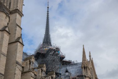 Paris, Fransa - 22 Şubat 2025: Notre-Dame de Paris, yeniden inşa edildikten sonra yeniden açılan katedral, dış yüzey detayları