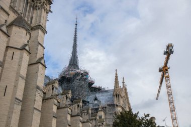 Paris, Fransa - 22 Şubat 2025: Notre-Dame de Paris, yeniden inşa edildikten sonra yeniden açılan katedral, dış yüzey detayları