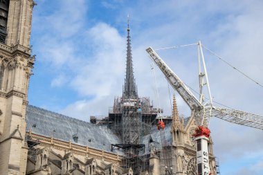 Paris, Fransa - 22 Şubat 2025: Notre-Dame de Paris, yeniden inşa edildikten sonra yeniden açılan katedral, dış yüzey detayları